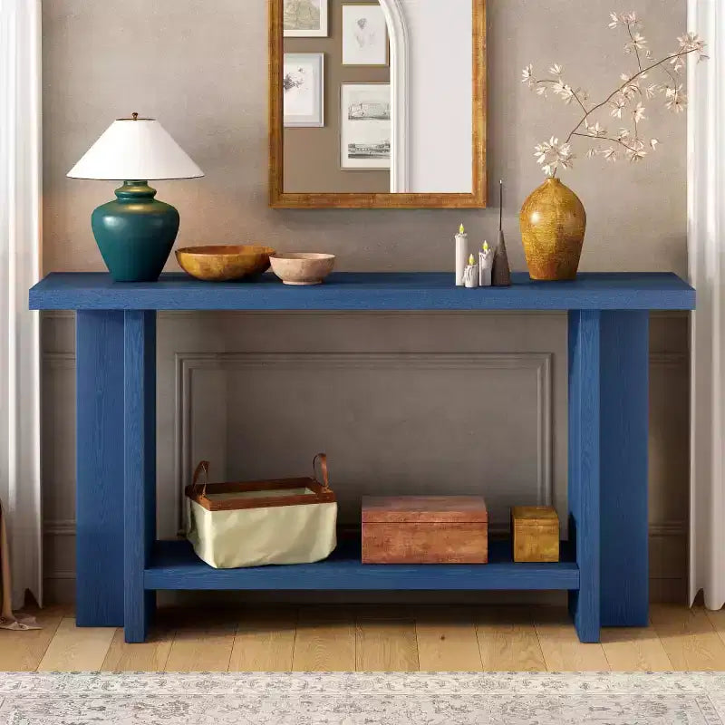 60 Entryway Console Table with Shelf, Ash Veneer Hallway Table with T-Leg Design, Bottom Shelf for Living Room or Foyer - Panipeachy