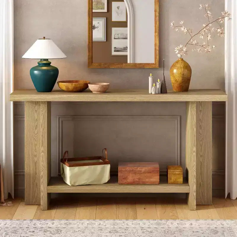 60 Entryway Console Table with Shelf, Ash Veneer Hallway Table with T-Leg Design, Bottom Shelf for Living Room or Foyer