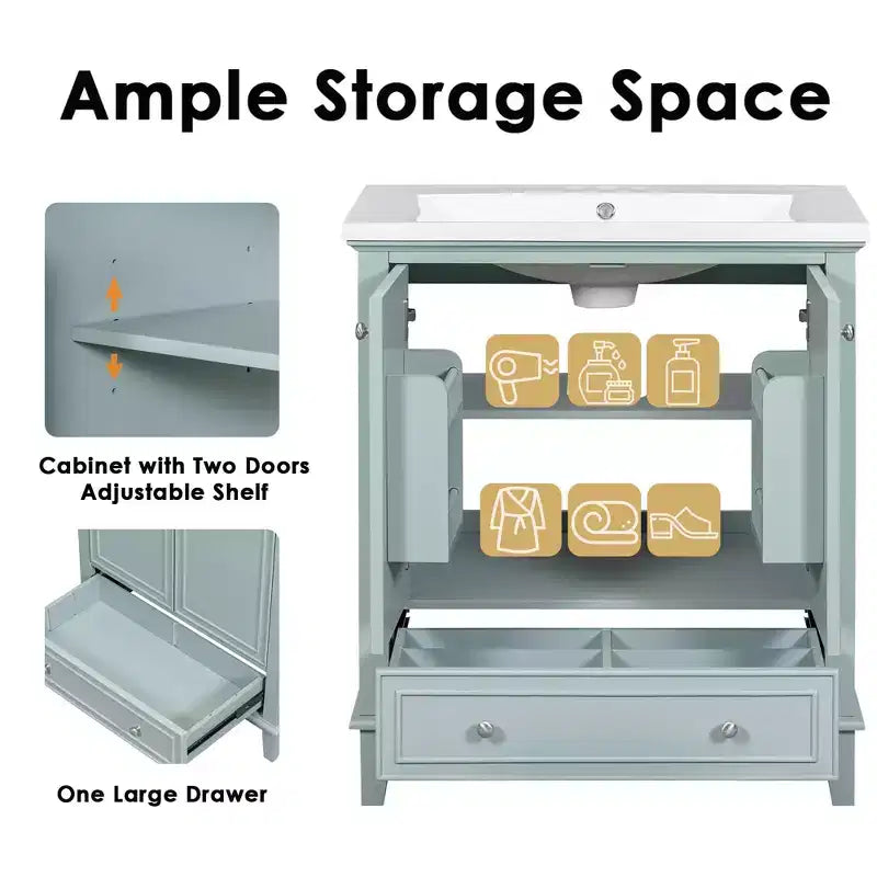 Mobile bagno 30 pollici senza lavabo Ante multifunzione Cassetto Struttura solida MDF Verde