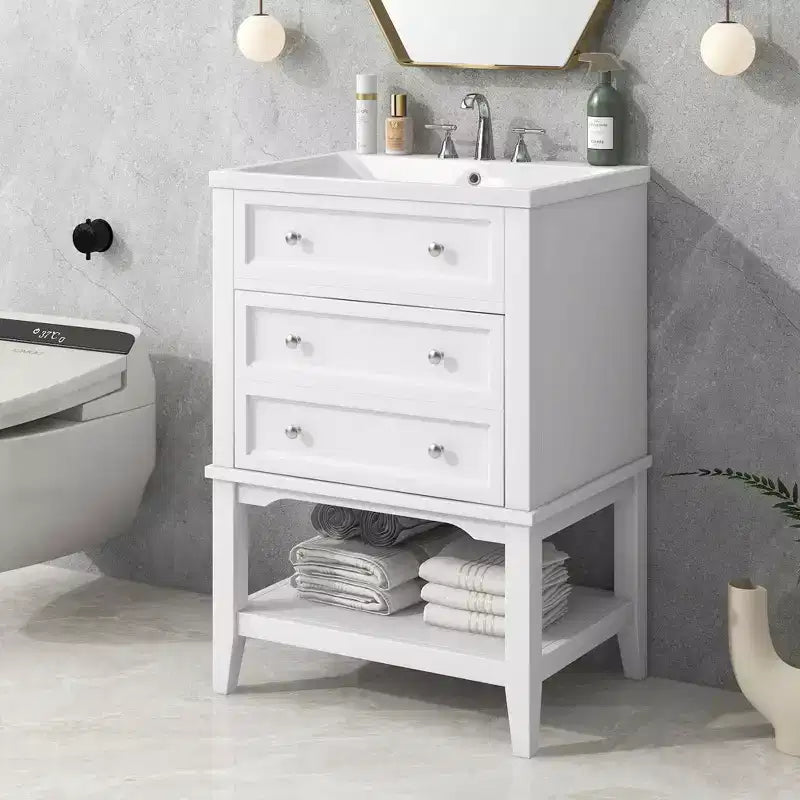 MAYEERTY 24 Bathroom Vanity with Sink Storage Drawer Open Shelf Solid Wood Frame White