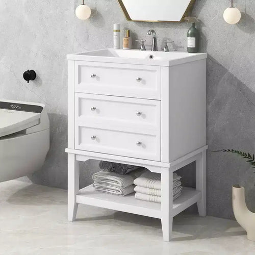 MAYEERTY 24 Bathroom Vanity with Sink Storage Drawer Open Shelf Solid Wood Frame White