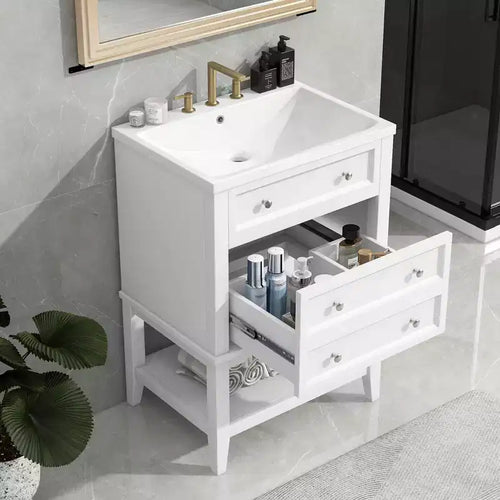 24 Bathroom Vanity with Sink Storage Drawer Open Shelf Solid Wood Frame White