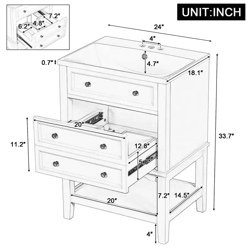 24 Bathroom Vanity with Sink Storage Drawer Open Shelf Solid Wood Frame White