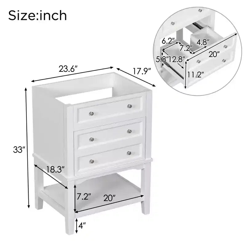 24 Bathroom Vanity with Sink Storage Drawer Open Shelf Solid Wood Frame White