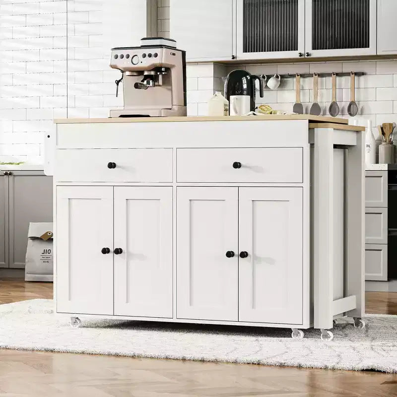 Isola da cucina bianca sporca da 74,5 pollici con tavolo da pranzo allungabile, isola da cucina su ruote per sala da pranzo