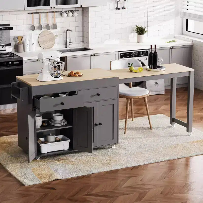 Isola da cucina bianca sporca da 74,5 pollici con tavolo da pranzo allungabile, isola da cucina su ruote per sala da pranzo