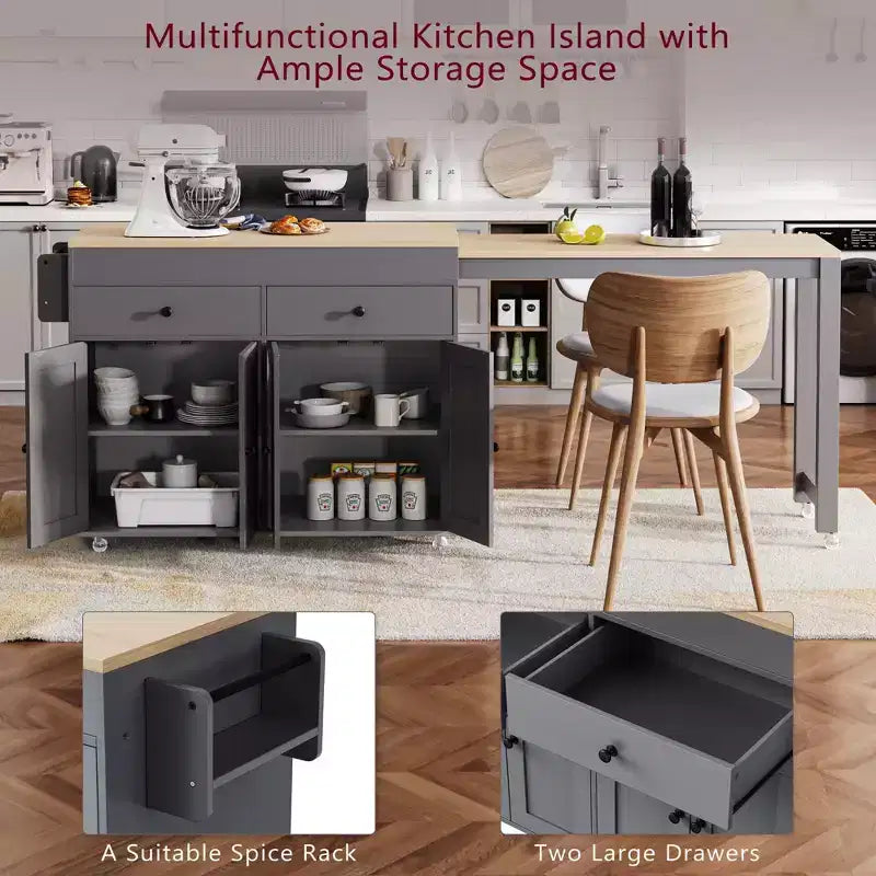 Isola da cucina bianca sporca da 74,5 pollici con tavolo da pranzo allungabile, isola da cucina su ruote per sala da pranzo