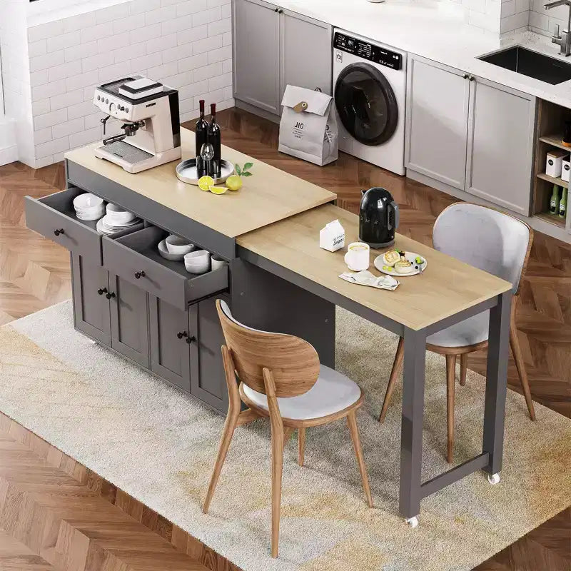 Isola da cucina bianca sporca da 74,5 pollici con tavolo da pranzo allungabile, isola da cucina su ruote per sala da pranzo