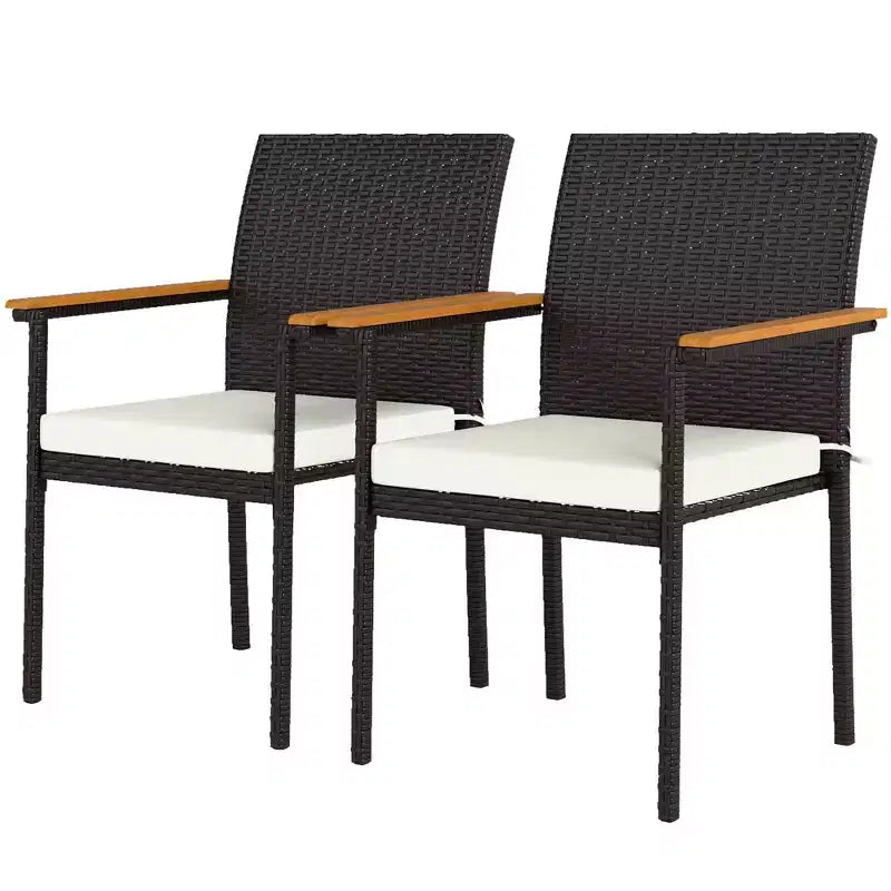Stackable PE Rattan Outdoor Dining Chairs with Cushion, Patio Wicker Dining Chair with Armrests & Backrest