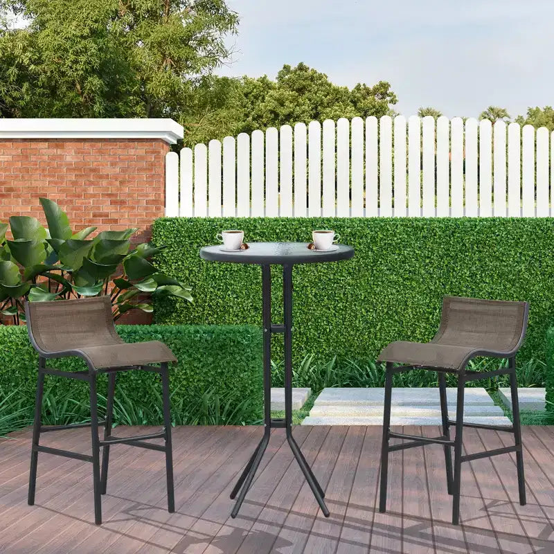 Set da bistrò da esterno 3 pezzi, altezza bar, per 2 persone, tavolo da pub rotondo per patio, 2 sedie da bar con design confortevole e struttura robusta