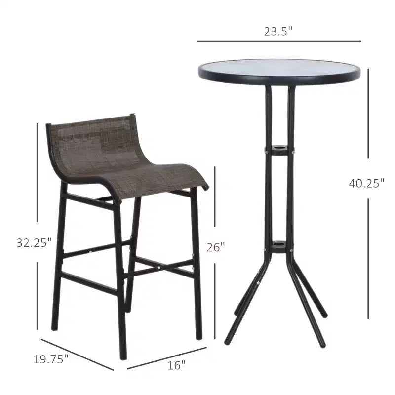 Set da bistrò da esterno 3 pezzi, altezza bar, per 2 persone, tavolo da pub rotondo per patio, 2 sedie da bar con design confortevole e struttura robusta