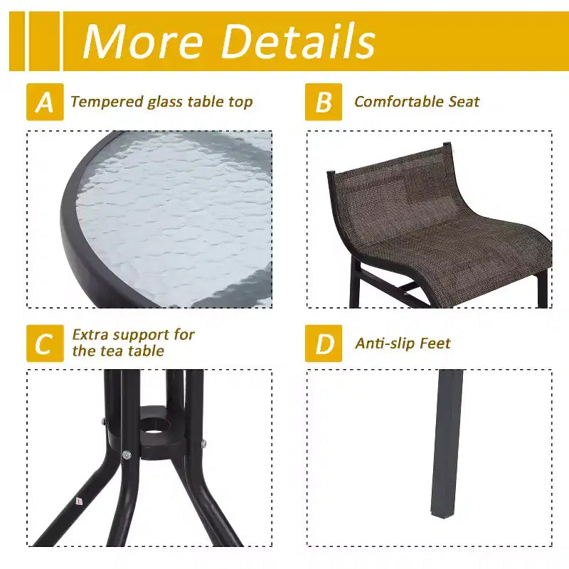 Set da bistrò da esterno 3 pezzi, altezza bar, per 2 persone, tavolo da pub rotondo per patio, 2 sedie da bar con design confortevole e struttura robusta