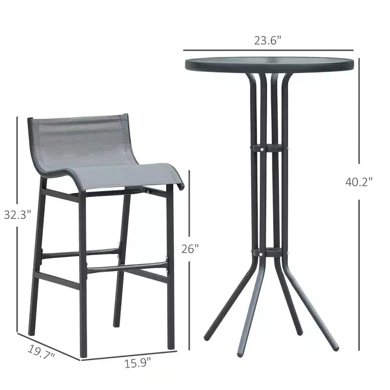 Set da bistrò da esterno 3 pezzi, altezza bar, per 2 persone, tavolo da pub rotondo per patio, 2 sedie da bar con design confortevole e struttura robusta