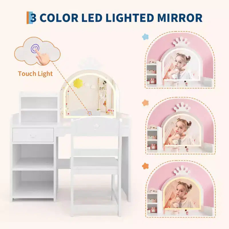 Toeletta per Bambini con Specchio a Corona, Tavolo da Trucco e Sedia 2 in 1 con Mobiletto, Libreria e Cassetto per Bambine