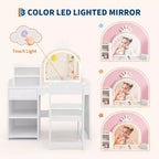 Toeletta per Bambini con Specchio a Corona, Tavolo da Trucco e Sedia 2 in 1 con Mobiletto, Libreria e Cassetto per Bambine
