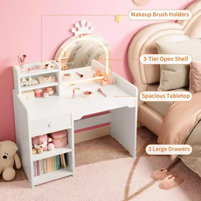Toeletta per Bambini con Specchio a Corona, Tavolo da Trucco e Sedia 2 in 1 con Mobiletto, Libreria e Cassetto per Bambine