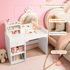Toeletta per Bambini con Specchio a Corona, Tavolo da Trucco e Sedia 2 in 1 con Mobiletto, Libreria e Cassetto per Bambine
