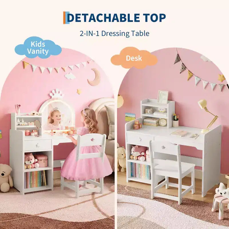 Toeletta per Bambini con Specchio a Corona, Tavolo da Trucco e Sedia 2 in 1 con Mobiletto, Libreria e Cassetto per Bambine