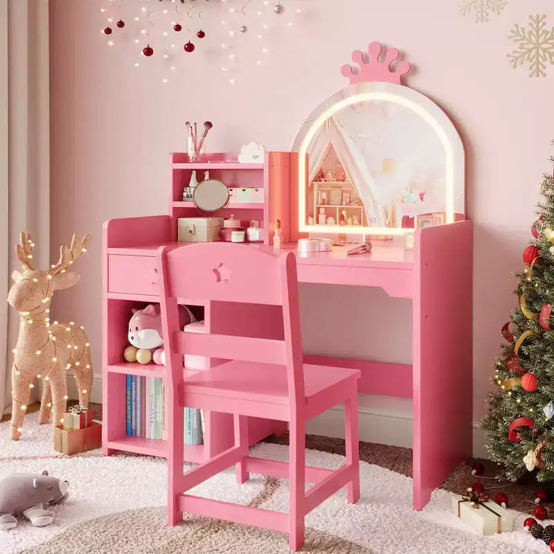 Toeletta per Bambini con Specchio a Corona, Tavolo da Trucco e Sedia 2 in 1 con Mobiletto, Libreria e Cassetto per Bambine