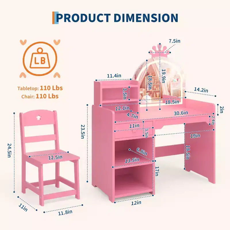 Toeletta per Bambini con Specchio a Corona, Tavolo da Trucco e Sedia 2 in 1 con Mobiletto, Libreria e Cassetto per Bambine
