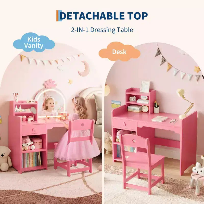 Toeletta per Bambini con Specchio a Corona, Tavolo da Trucco e Sedia 2 in 1 con Mobiletto, Libreria e Cassetto per Bambine