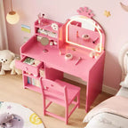Toeletta per Bambini con Specchio a Corona, Tavolo da Trucco e Sedia 2 in 1 con Mobiletto, Libreria e Cassetto per Bambine