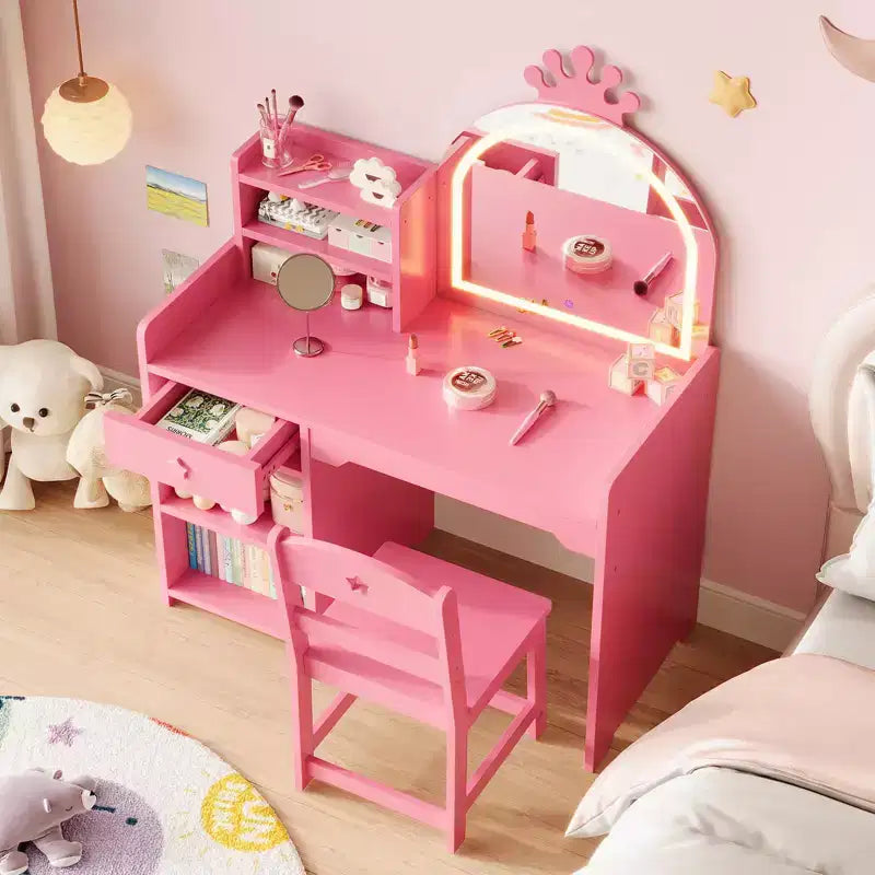 Toeletta per Bambini con Specchio a Corona, Tavolo da Trucco e Sedia 2 in 1 con Mobiletto, Libreria e Cassetto per Bambine
