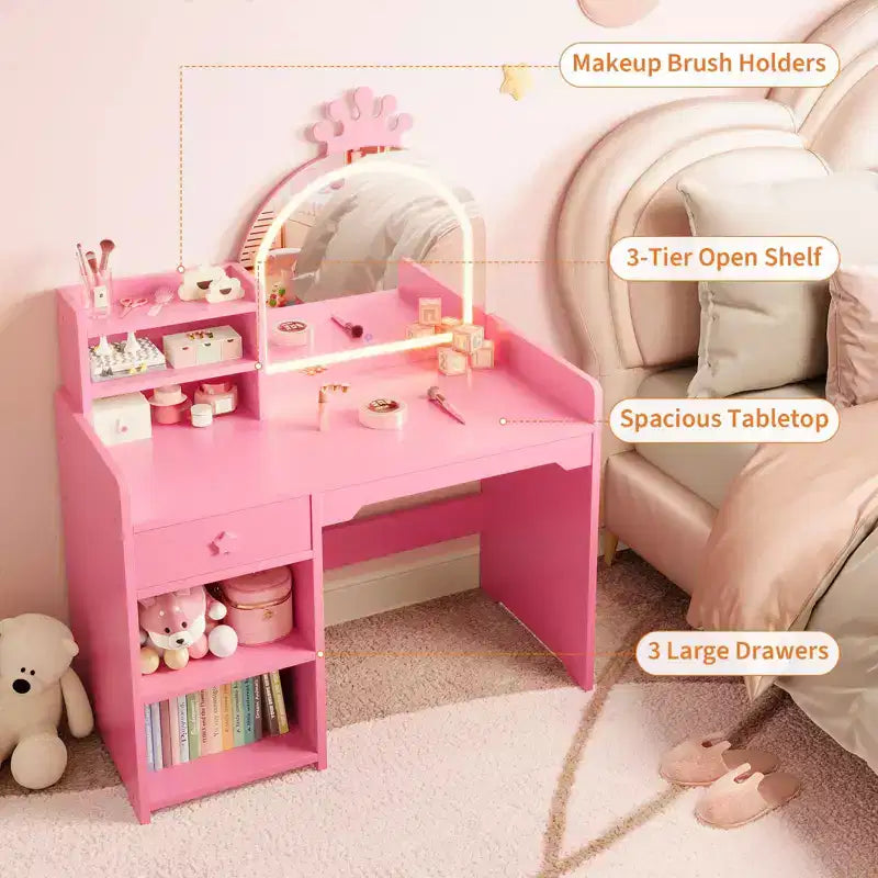 Toeletta per Bambini con Specchio a Corona, Tavolo da Trucco e Sedia 2 in 1 con Mobiletto, Libreria e Cassetto per Bambine
