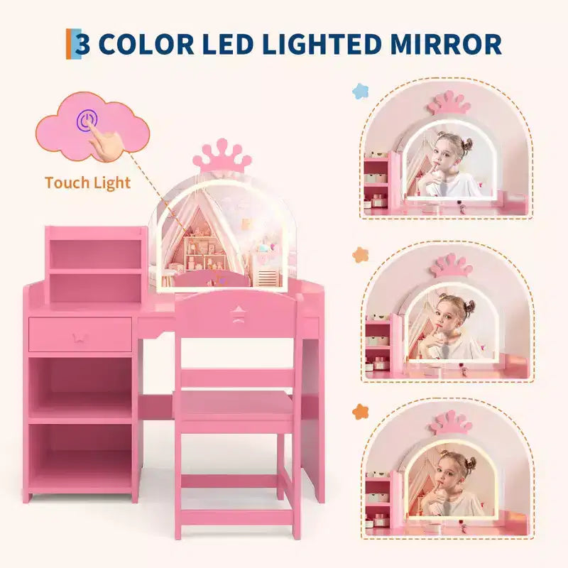 Toeletta per Bambini con Specchio a Corona, Tavolo da Trucco e Sedia 2 in 1 con Mobiletto, Libreria e Cassetto per Bambine