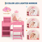 Toeletta per Bambini con Specchio a Corona, Tavolo da Trucco e Sedia 2 in 1 con Mobiletto, Libreria e Cassetto per Bambine