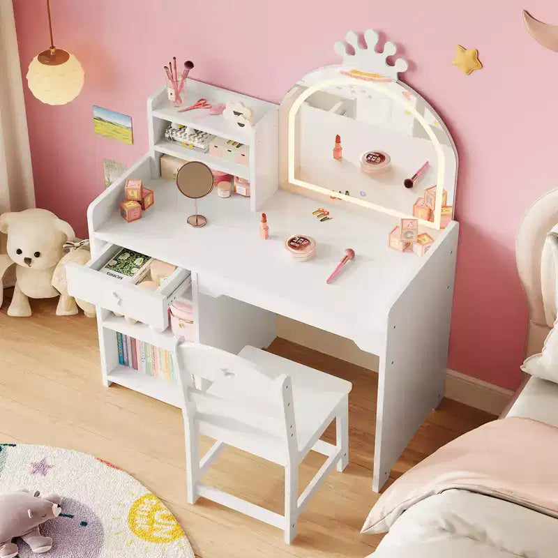 Toeletta per Bambini con Specchio a Corona, Tavolo da Trucco e Sedia 2 in 1 con Mobiletto, Libreria e Cassetto per Bambine