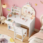 Toeletta per Bambini con Specchio a Corona, Tavolo da Trucco e Sedia 2 in 1 con Mobiletto, Libreria e Cassetto per Bambine