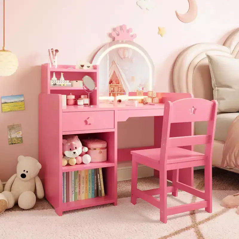 GustoWave Kids Vanity with Crown Mirror  2-in-1 Vanity Table & Chair Set with Storage Cabinet, Bookshelf & Drawer for Little Girls