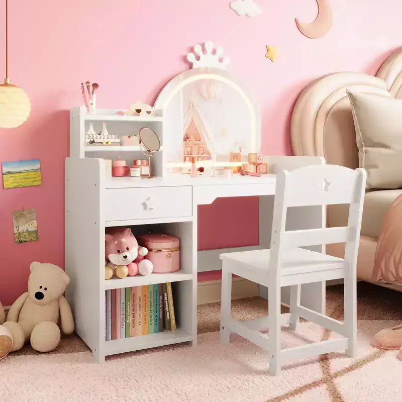 Kids Vanity with Crown Mirror 2-in-1 Vanity Table & Chair with Storage Cabinet Bookshelf & Drawer for Little Girls