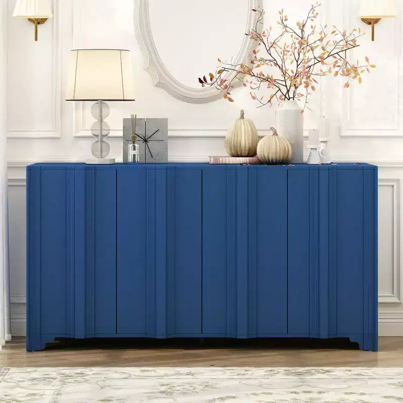 Lucas 4-Door Pine Veneer Sideboard with Intricate Linear Accents and Triangular Legs