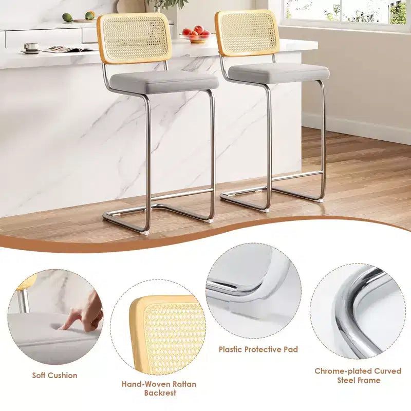 30 Inch Counter Stools Upholstered PU Leather with Natural Rattan Back Armless Bar Chairs for Kitchen Island (2-Piece)