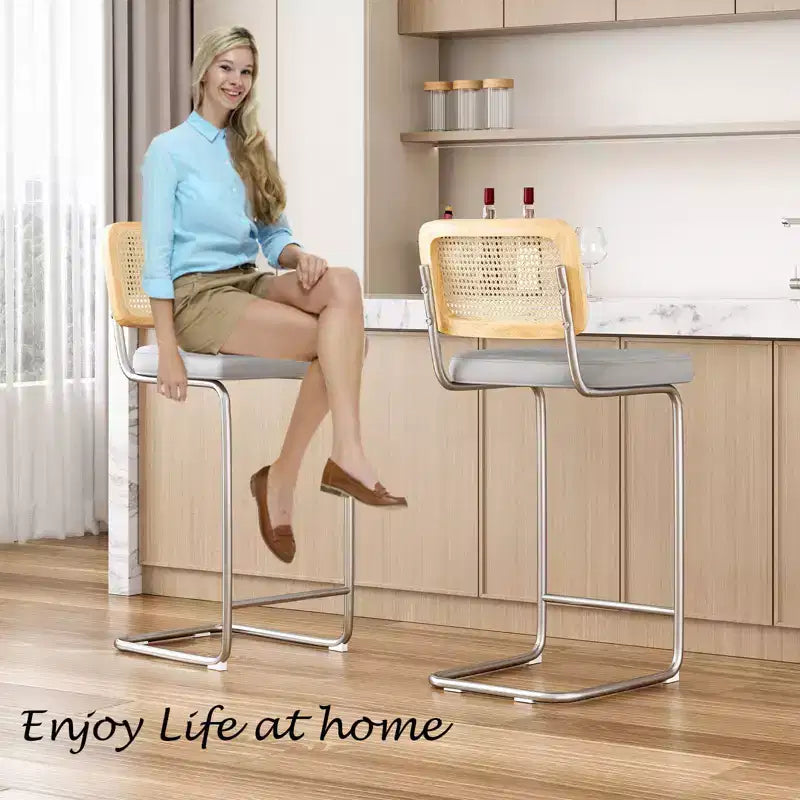 30 Inch Counter Stools Upholstered PU Leather with Natural Rattan Back Armless Bar Chairs for Kitchen Island (2-Piece)