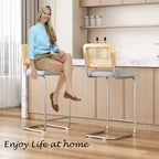 30 Inch Counter Stools Upholstered PU Leather with Natural Rattan Back Armless Bar Chairs for Kitchen Island (2-Piece)
