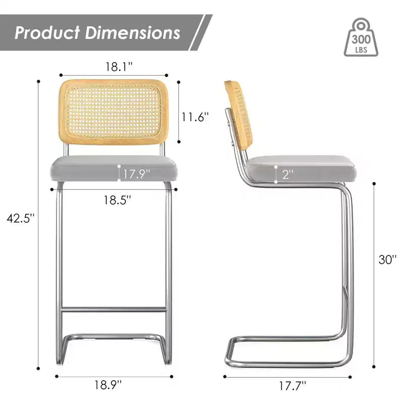 30 Inch Counter Stools Upholstered PU Leather with Natural Rattan Back Armless Bar Chairs for Kitchen Island (2-Piece)