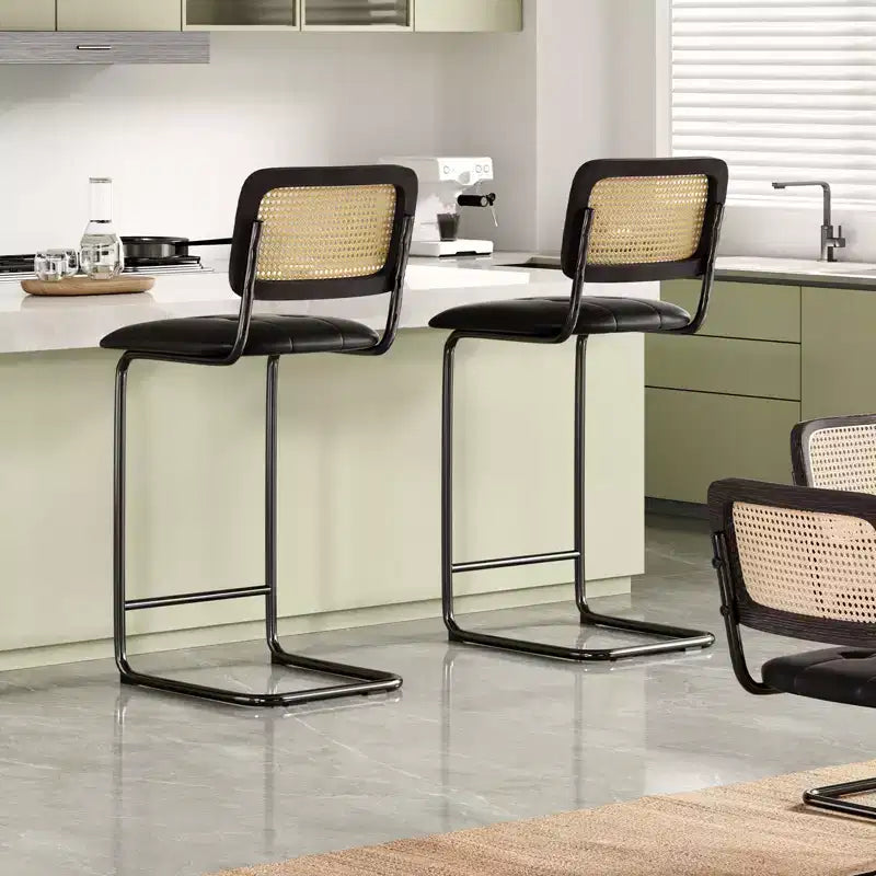 30 Inch Counter Stools Upholstered PU Leather with Natural Rattan Back Armless Bar Chairs for Kitchen Island (2-Piece)