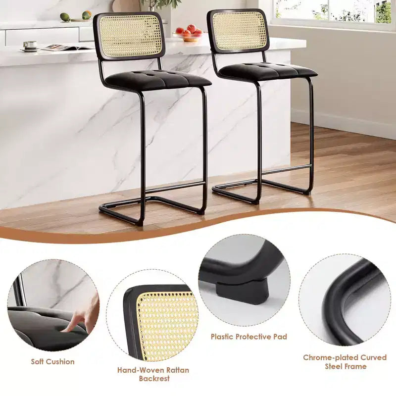 30 Inch Counter Stools Upholstered PU Leather with Natural Rattan Back Armless Bar Chairs for Kitchen Island (2-Piece)