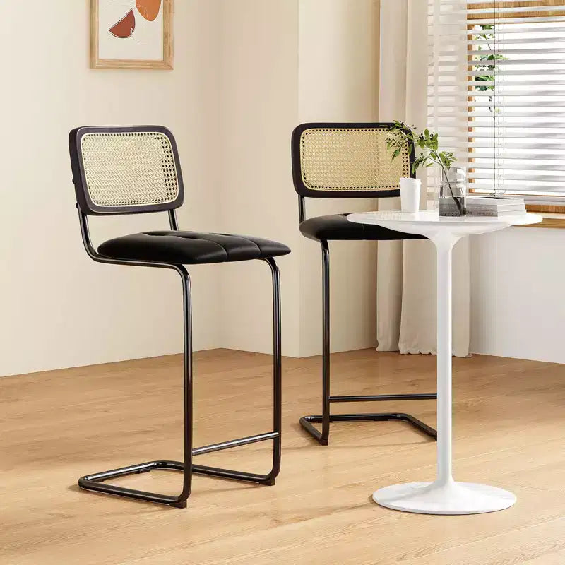 30 Inch Counter Stools Upholstered PU Leather with Natural Rattan Back Armless Bar Chairs for Kitchen Island (2-Piece)