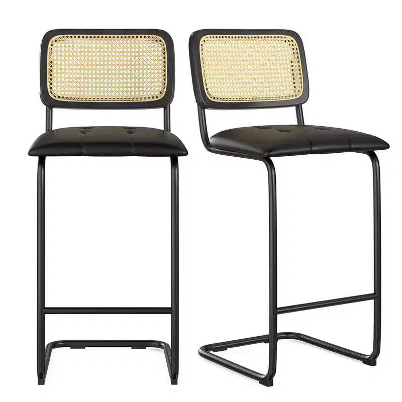 30 Inch Counter Stools Upholstered PU Leather with Natural Rattan Back Armless Bar Chairs for Kitchen Island (2-Piece)