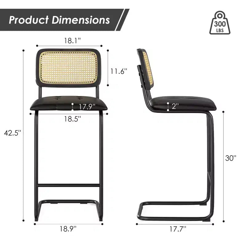 30 Inch Counter Stools Upholstered PU Leather with Natural Rattan Back Armless Bar Chairs for Kitchen Island (2-Piece)