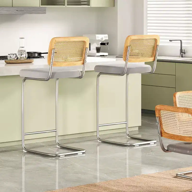 30 Inch Counter Stools Upholstered PU Leather with Natural Rattan Back Armless Bar Chairs for Kitchen Island (2-Piece)
