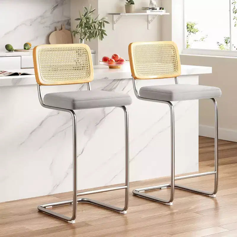 30 Inch Counter Stools Upholstered PU Leather with Natural Rattan Back Armless Bar Chairs for Kitchen Island (2-Piece)
