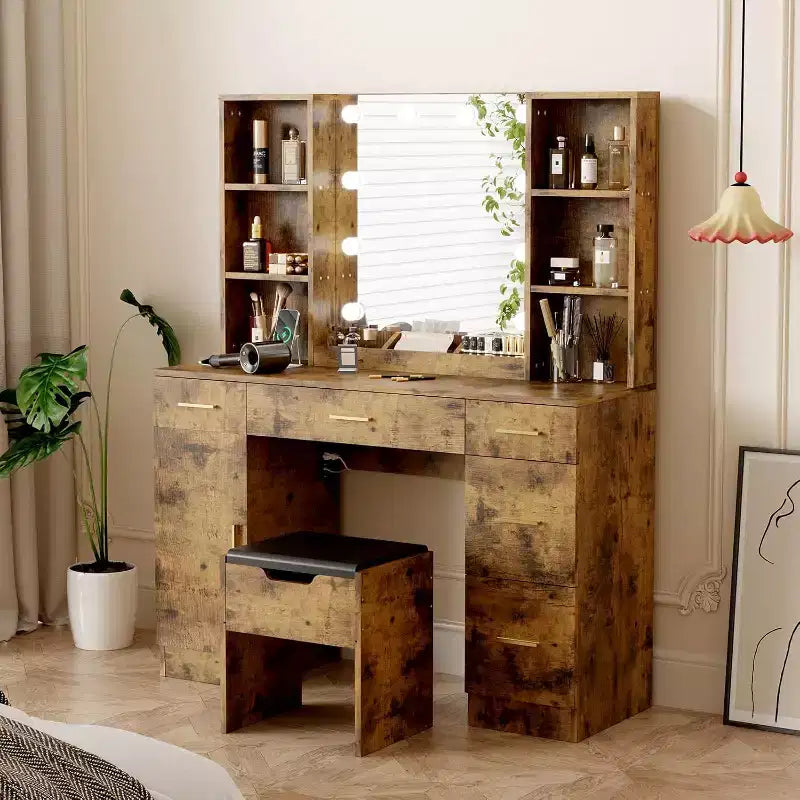 Vanity Desk Table With Mirror and Lights , Power,Large Makeup Vanity With 5 Drawers, 6 Open Shelves, Cabinets, With Stool
