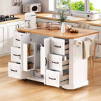 Isola da Cucina Bianca 56" Impiallacciatura in Legno di Gomma, Ribaltina, Presa di Corrente, 4 Ante, Ripiani, 6 Cassetti Profondi, Carrello Rotante