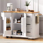 Isola da Cucina Bianca 56" Impiallacciatura in Legno di Gomma, Ribaltina, Presa di Corrente, 4 Ante, Ripiani, 6 Cassetti Profondi, Carrello Rotante