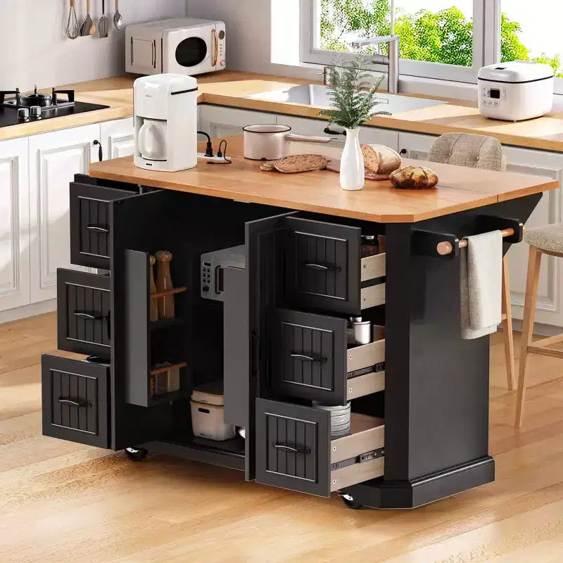 Isola da Cucina Bianca 56" Impiallacciatura in Legno di Gomma, Ribaltina, Presa di Corrente, 4 Ante, Ripiani, 6 Cassetti Profondi, Carrello Rotante